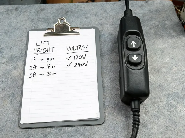 Handwritten hoist lift height and voltage notes