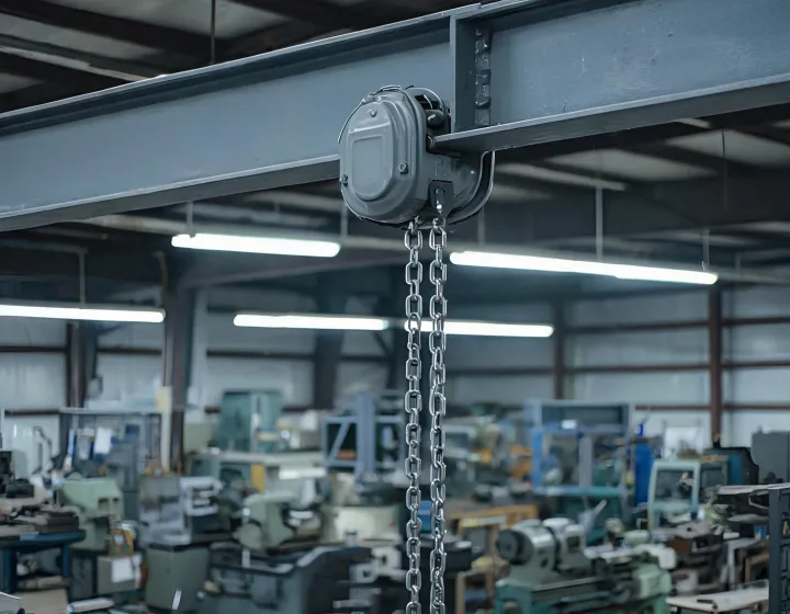 3 ton chain hoist hanging on a shop beam during a load briefing