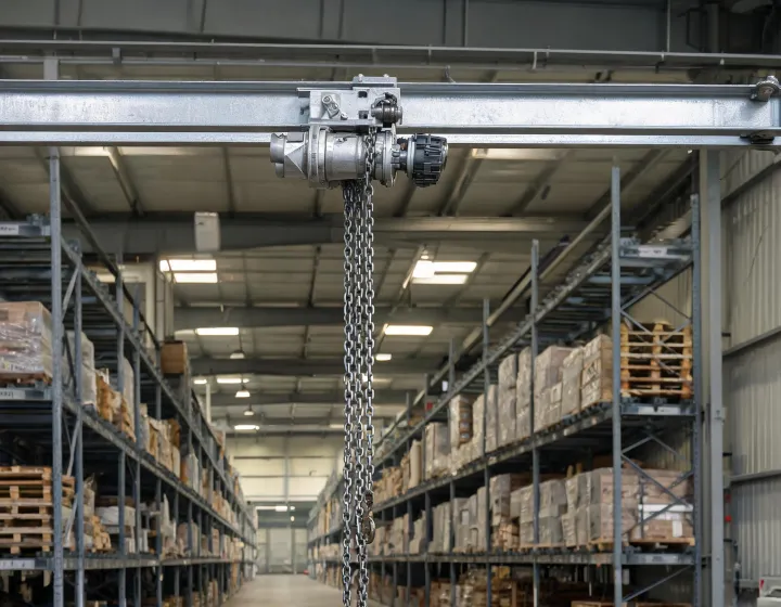 Chain hoist trolley on an I-beam above a warehouse aisle