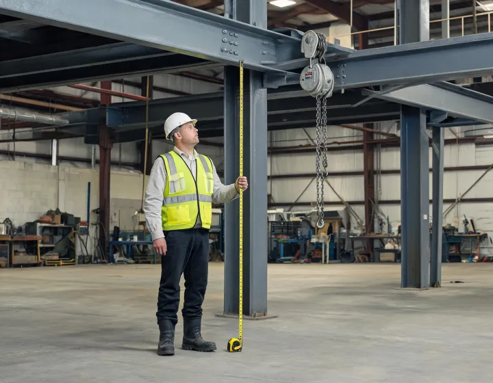 Measuring headroom under a shop beam before selecting a hoist